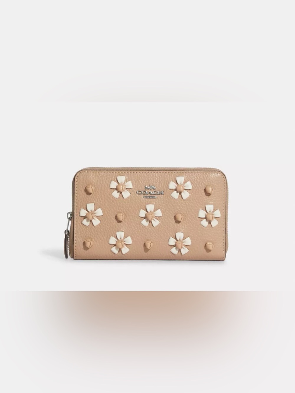 Coach Floral Appliqué Pebbled Leather Accordion Zip Wallet Beige 💛
